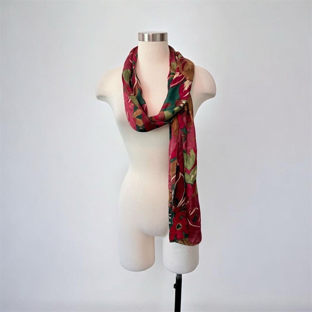 Vintage Silk Watercolor Scarf Floral Green Burgundy Berry